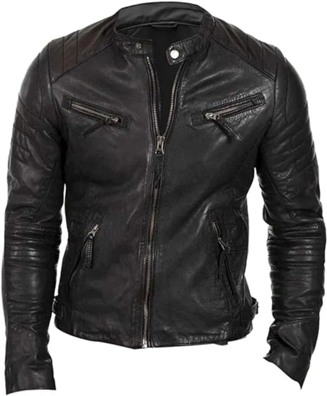 Men's Retro Distressed Motorcycle Leather Jacket - Vintage Cafe Racer Biker Leather Jacket For Men