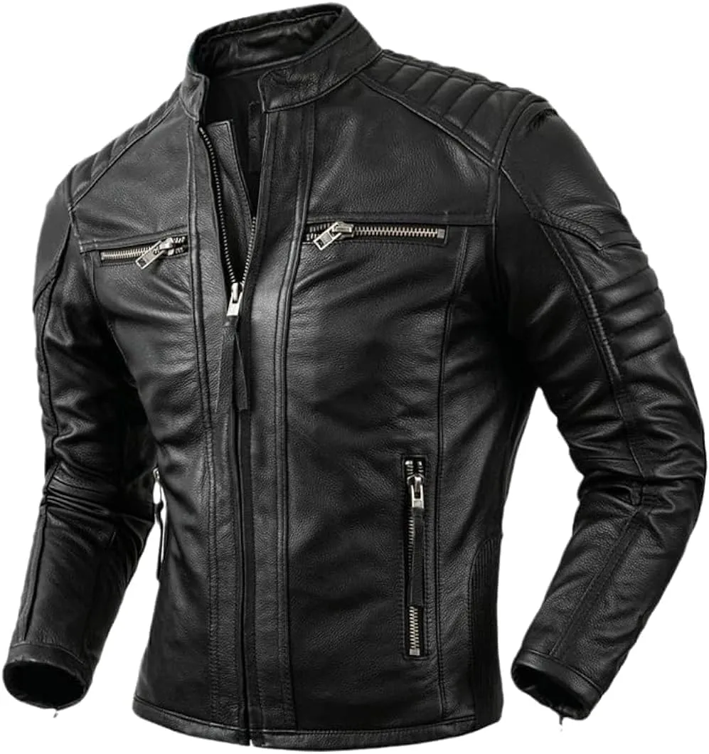 Mens Vintage Distressed Genuine Cowhide Biker Quilted Shoulders Motorcycle Rider Slim Fit Leather Jacket