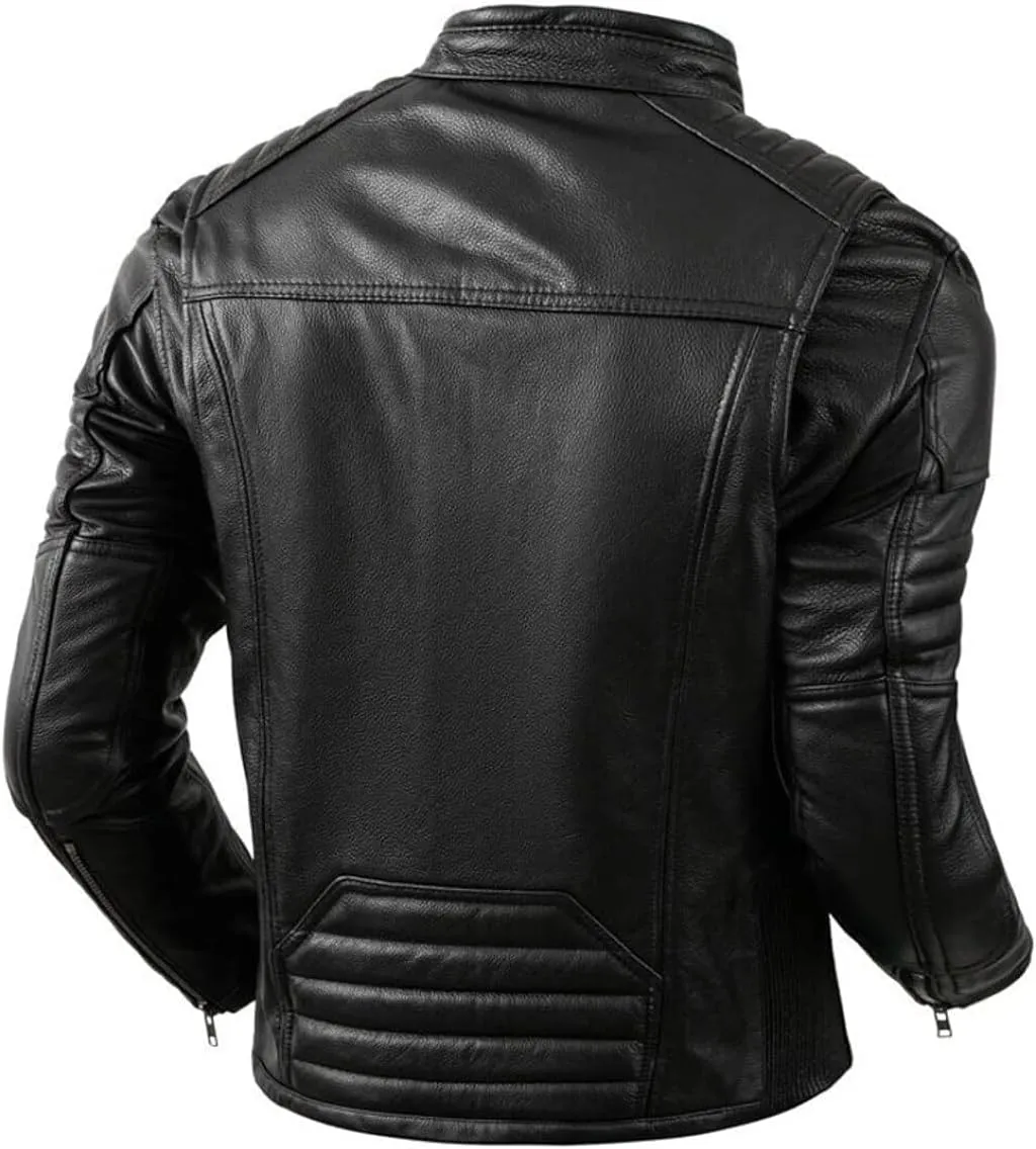 Mens Vintage Distressed Genuine Cowhide Biker Quilted Shoulders Motorcycle Rider Slim Fit Leather Jacket