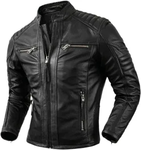 Mens Vintage Distressed Genuine Cowhide Biker Quilted Shoulders Motorcycle Rider Slim Fit Leather Jacket