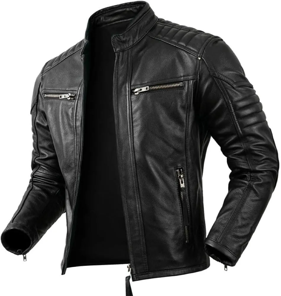 Mens Vintage Distressed Genuine Cowhide Biker Quilted Shoulders Motorcycle Rider Slim Fit Leather Jacket