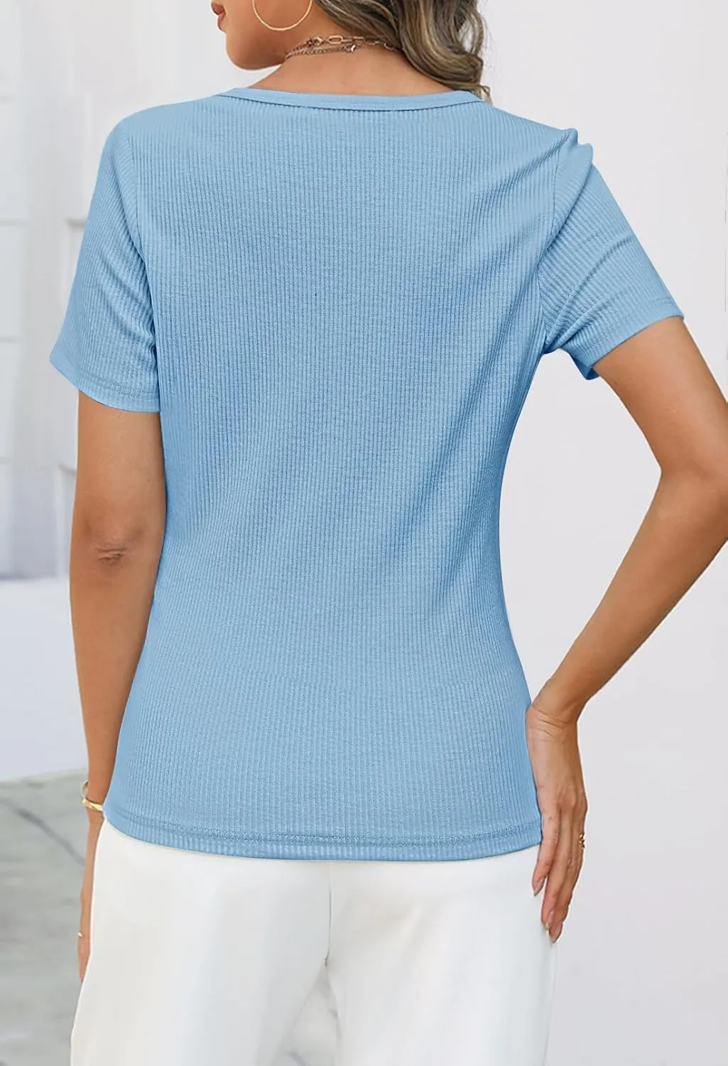 MEROKEETY Women's Summer Short Sleeve V Neck T Shirts Casual Ribbed Button Henley Knit Tops Blouse