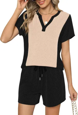 Micoson Short Sets for Women 2 Piece Outfits Color Block Casual Short Sleeve Shirts and Pocket Shorts Summer Lounge Set