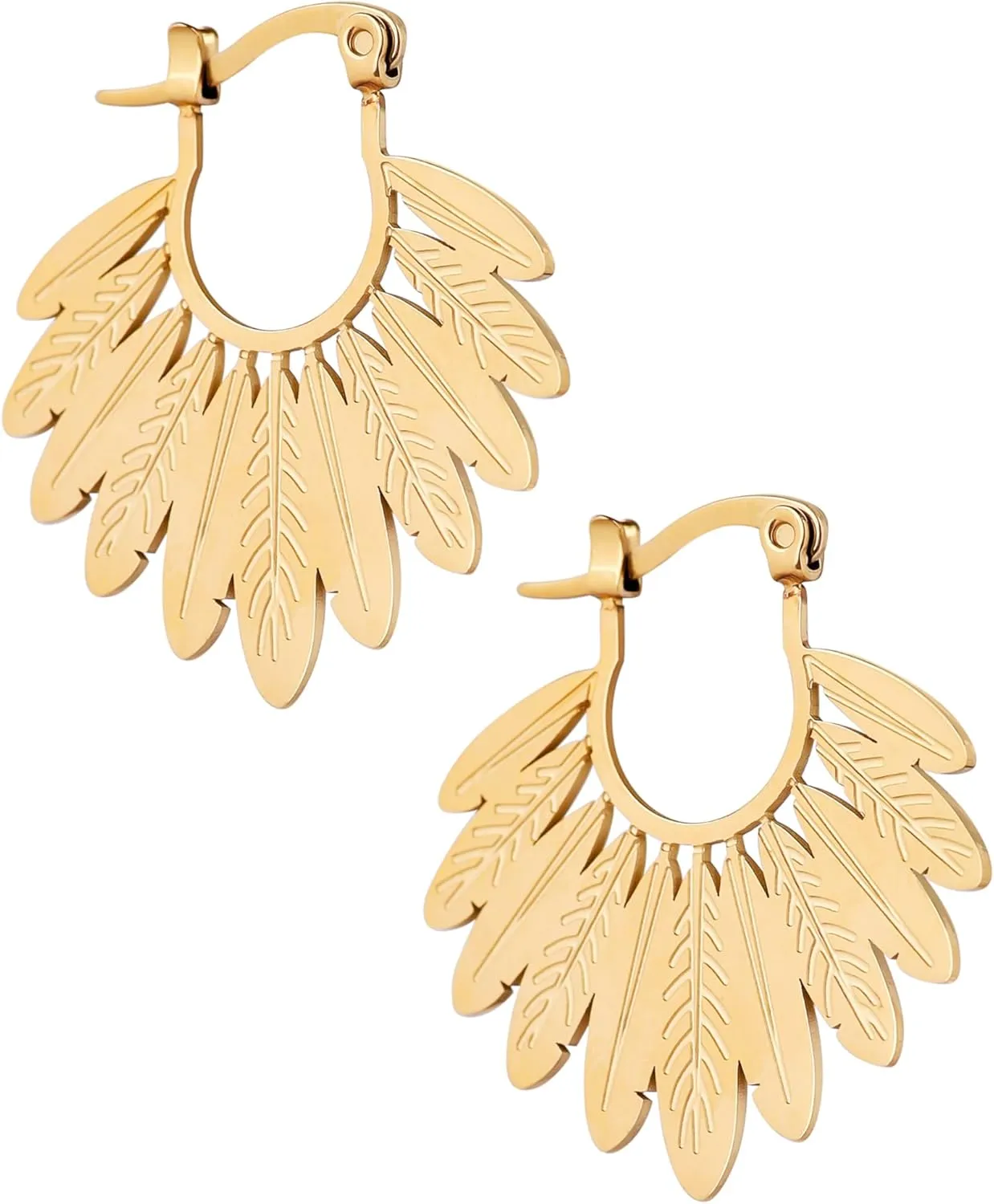 MINACHI Bohemian Gold Plated Stainless Steel Feather Hoop Earrings, Boho Chic Leaf Dangle Earrings, Jewelry Gift for Women