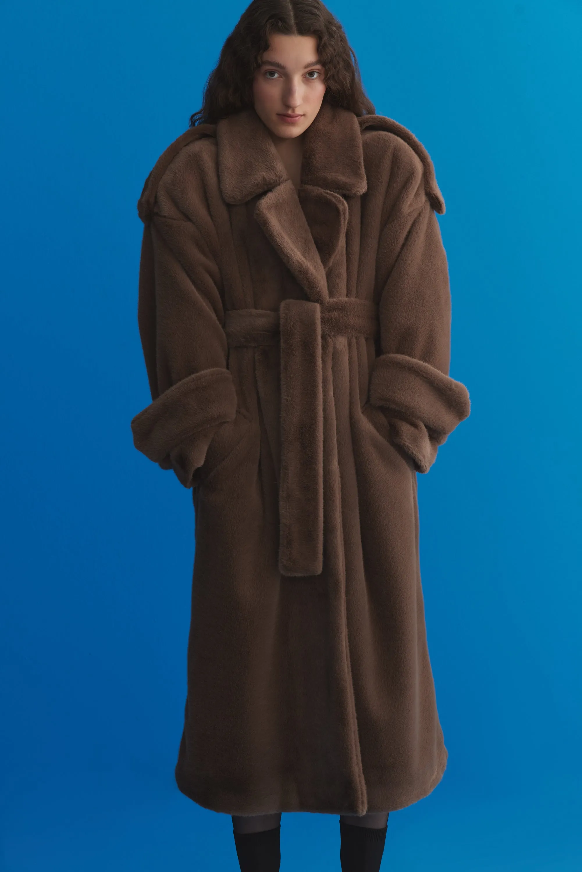 MINK FAUX FUR TIE DETAILED LONG COAT