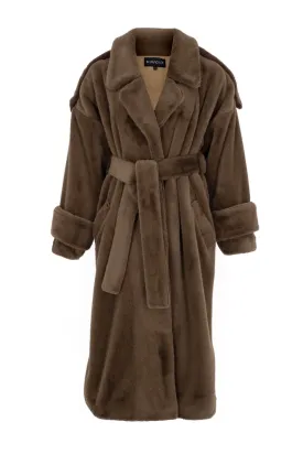 MINK FAUX FUR TIE DETAILED LONG COAT