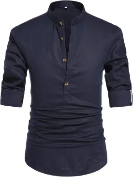 NITAGUT Men Henley Neck Long Sleeve Daily Look Linen Shirts