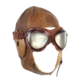 Original Japanese WWII 1942 Dated Leather Winter Flying Helmet with Pilot Goggles