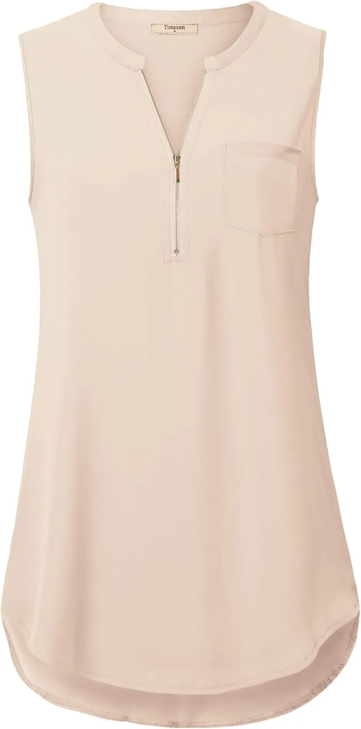 Timeson Women's Casual V Neck Sleeveless Tunics Blouses Chiffon Zipper Tank Tops