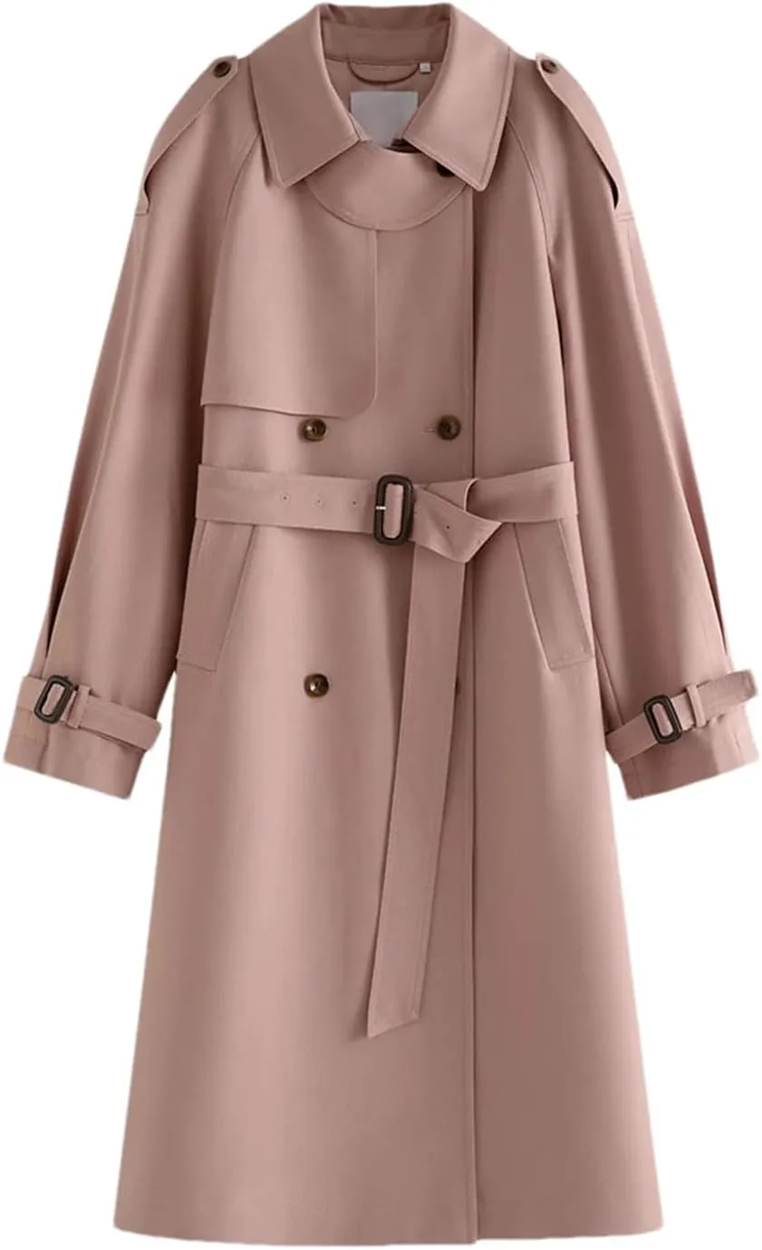 Women Fall Trenchcoats Mid Length High Waist Trench Long Sleeve Contrasting Colors Casual Midi Overcoat