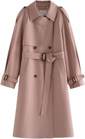 Women Fall Trenchcoats Mid Length High Waist Trench Long Sleeve Contrasting Colors Casual Midi Overcoat