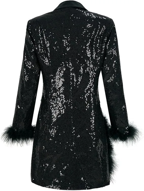 Women's Lapel Collar Sequin Long Blazers for Party, Wedding Long Sequin Blazer, Club Sequin blzer Coat Long Multicolor