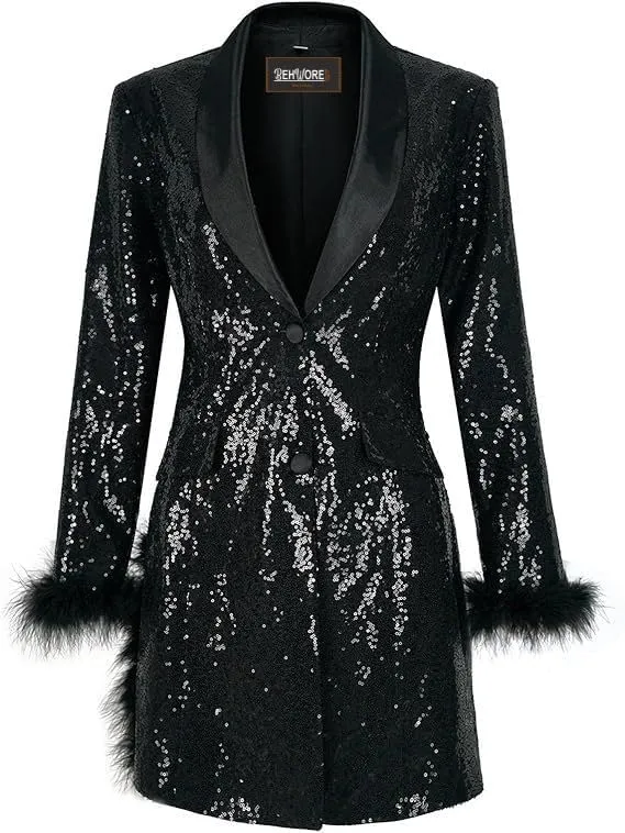 Women's Lapel Collar Sequin Long Blazers for Party, Wedding Long Sequin Blazer, Club Sequin blzer Coat Long Multicolor