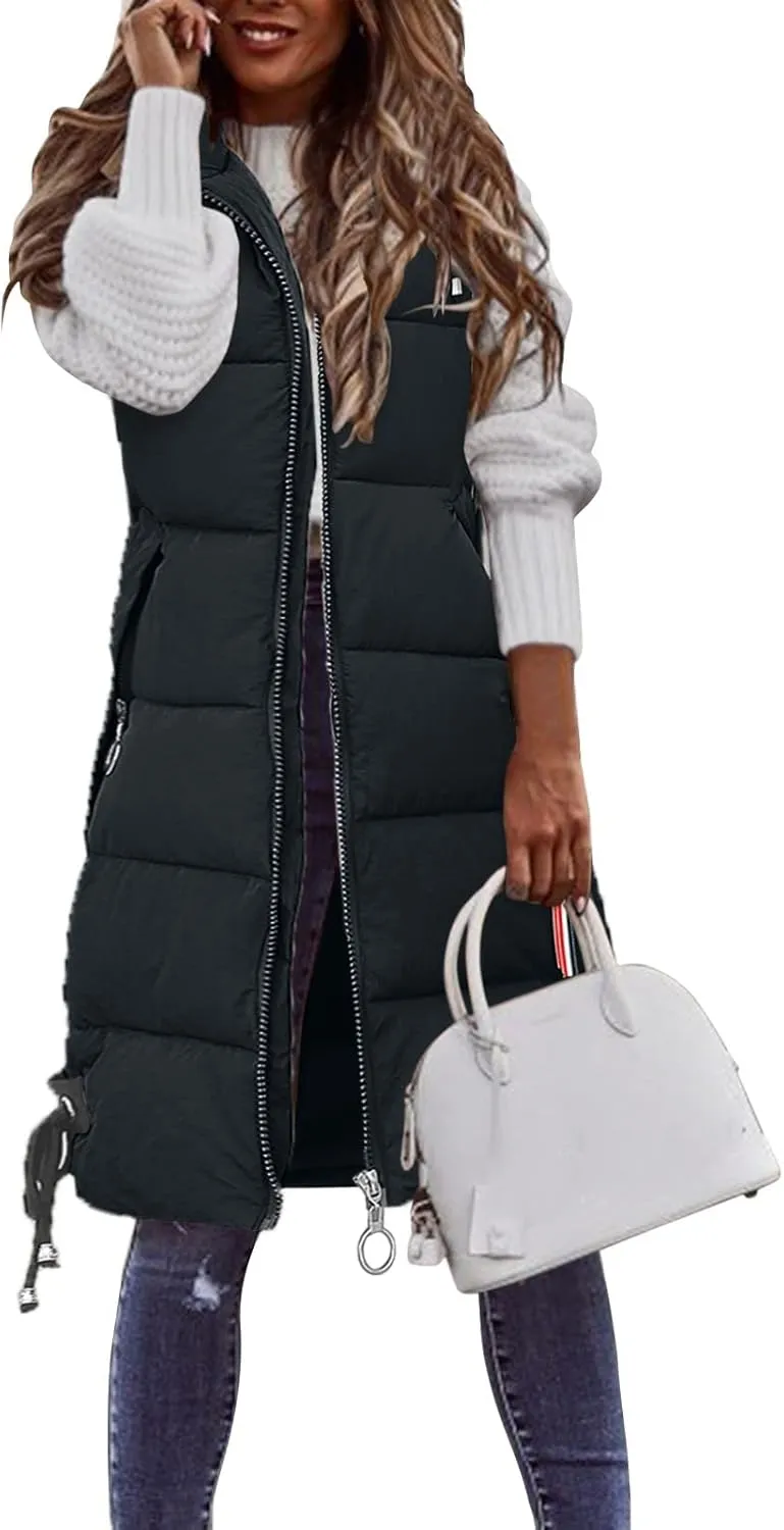 Women's Long Vest Sleeveless Lightweight Puffer Jacket Packable Hooded Down Coat Quilted Vest with Hood Winter
