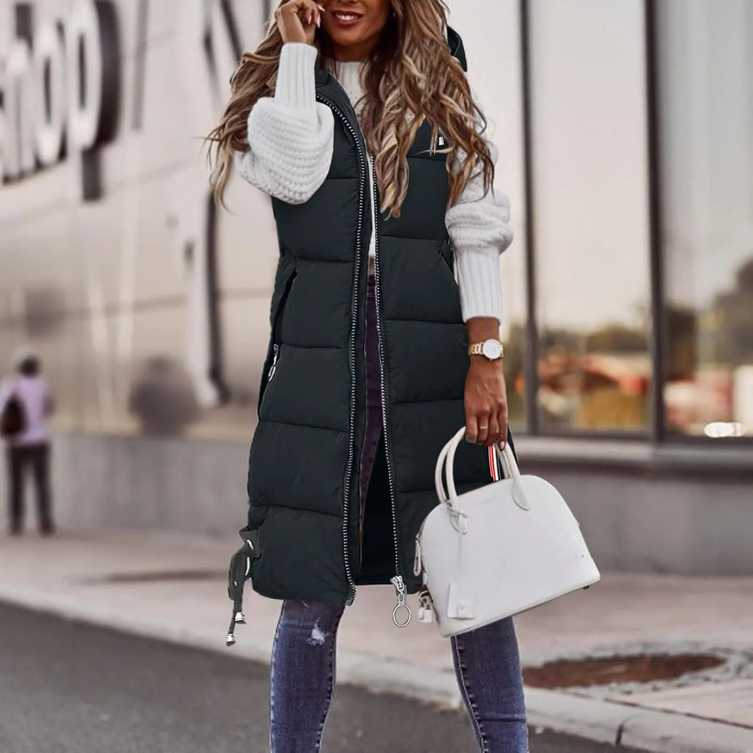 Women's Long Vest Sleeveless Lightweight Puffer Jacket Packable Hooded Down Coat Quilted Vest with Hood Winter
