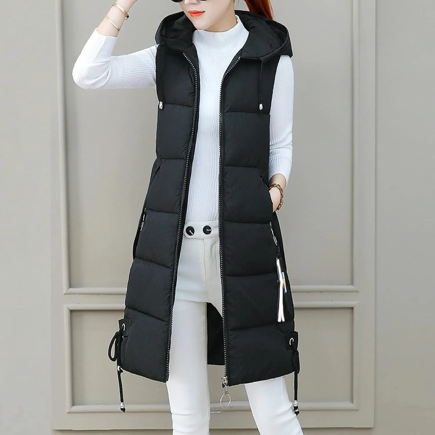 Women's Long Vest Sleeveless Lightweight Puffer Jacket Packable Hooded Down Coat Quilted Vest with Hood Winter