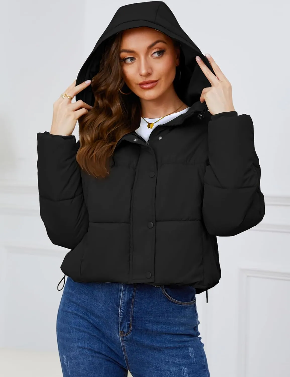 Yimoon Women's Cropped Puffer Jacket Hooded Zip Up Quilted Short Padded Coat Lightweight Winter Warm Outwear