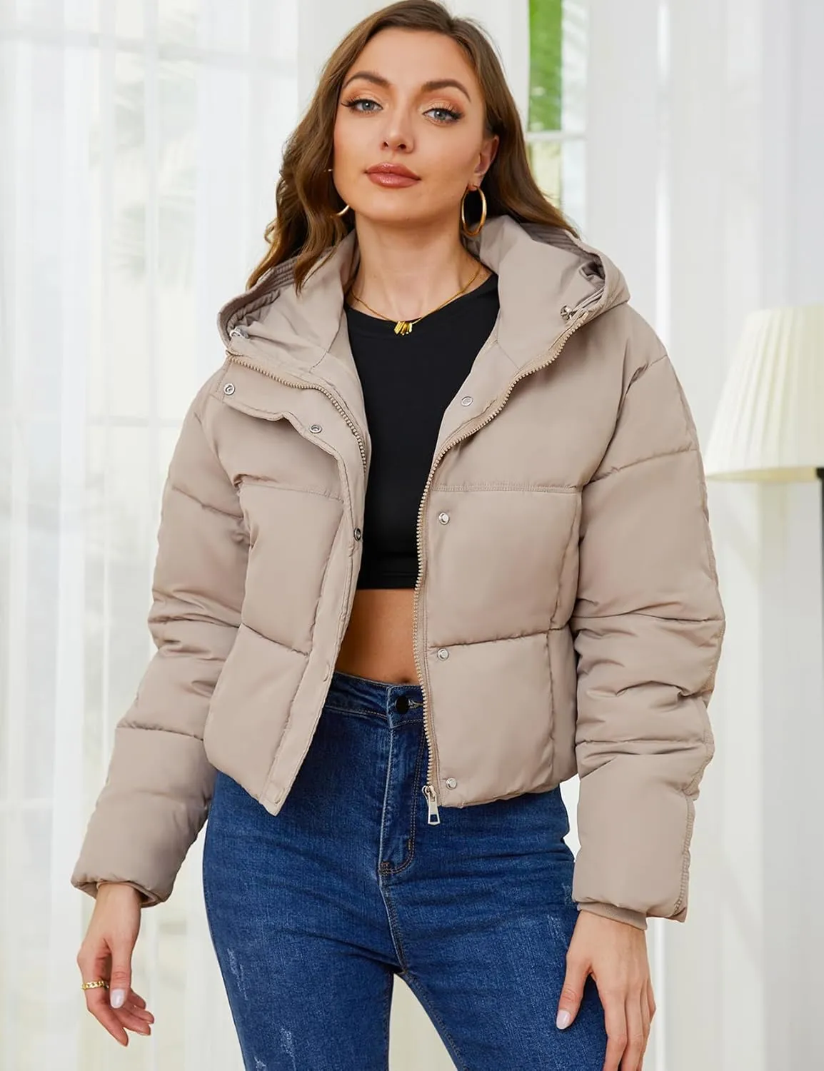 Yimoon Women's Cropped Puffer Jacket Hooded Zip Up Quilted Short Padded Coat Lightweight Winter Warm Outwear