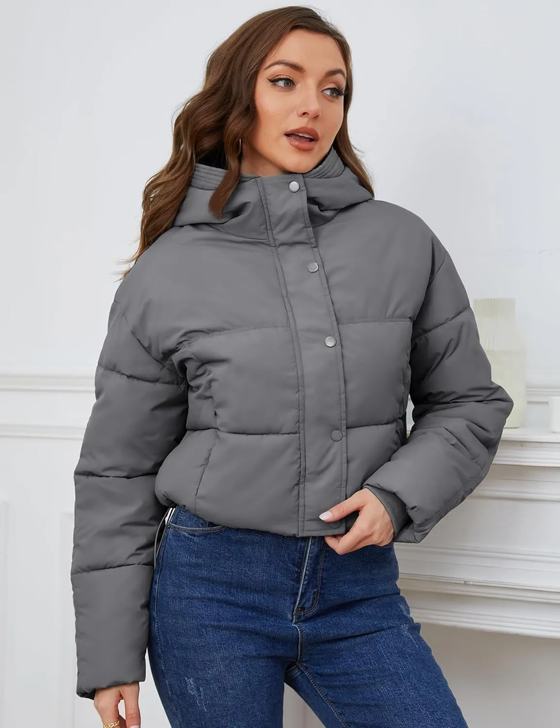 Yimoon Women's Cropped Puffer Jacket Hooded Zip Up Quilted Short Padded Coat Lightweight Winter Warm Outwear