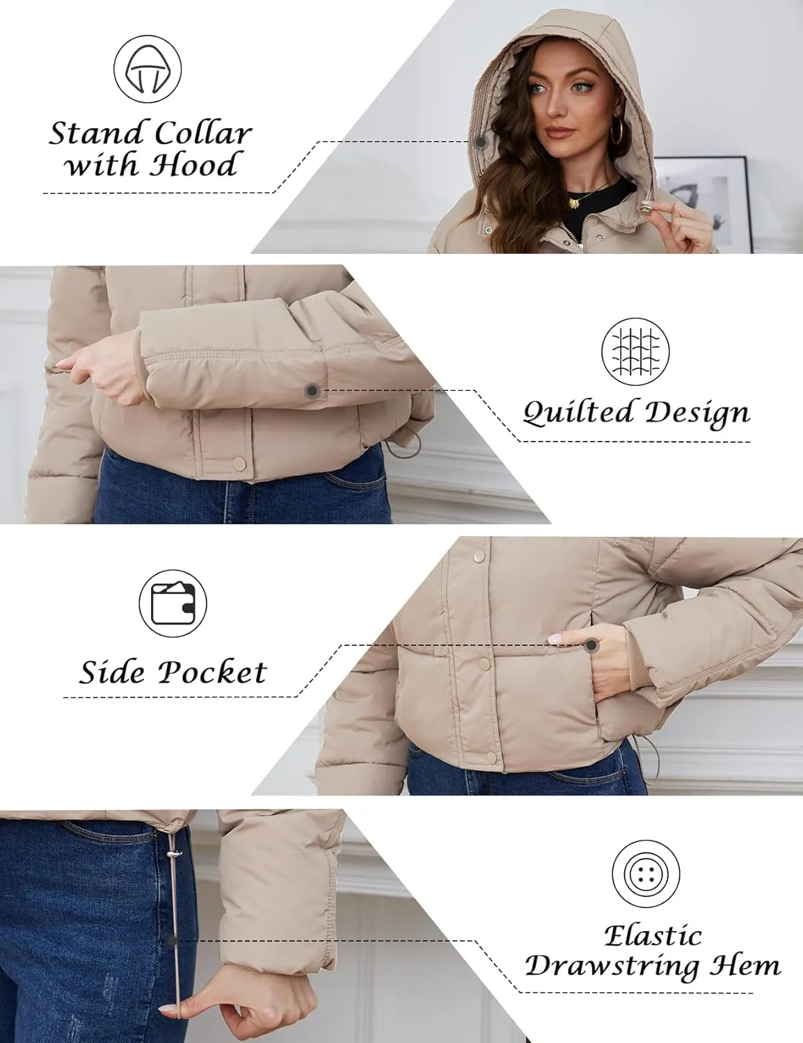 Yimoon Women's Cropped Puffer Jacket Hooded Zip Up Quilted Short Padded Coat Lightweight Winter Warm Outwear
