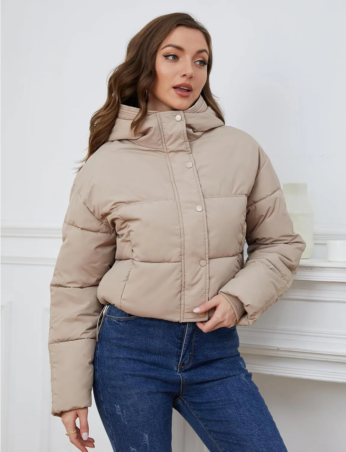 Yimoon Women's Cropped Puffer Jacket Hooded Zip Up Quilted Short Padded Coat Lightweight Winter Warm Outwear