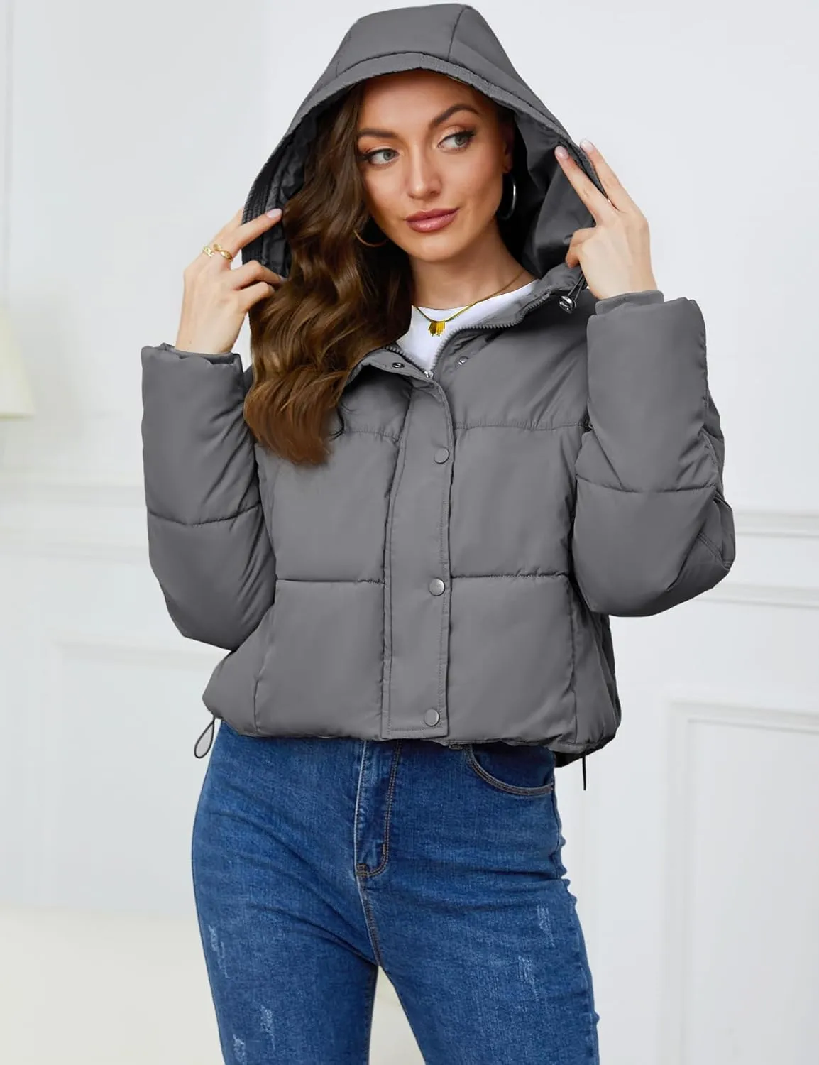 Yimoon Women's Cropped Puffer Jacket Hooded Zip Up Quilted Short Padded Coat Lightweight Winter Warm Outwear