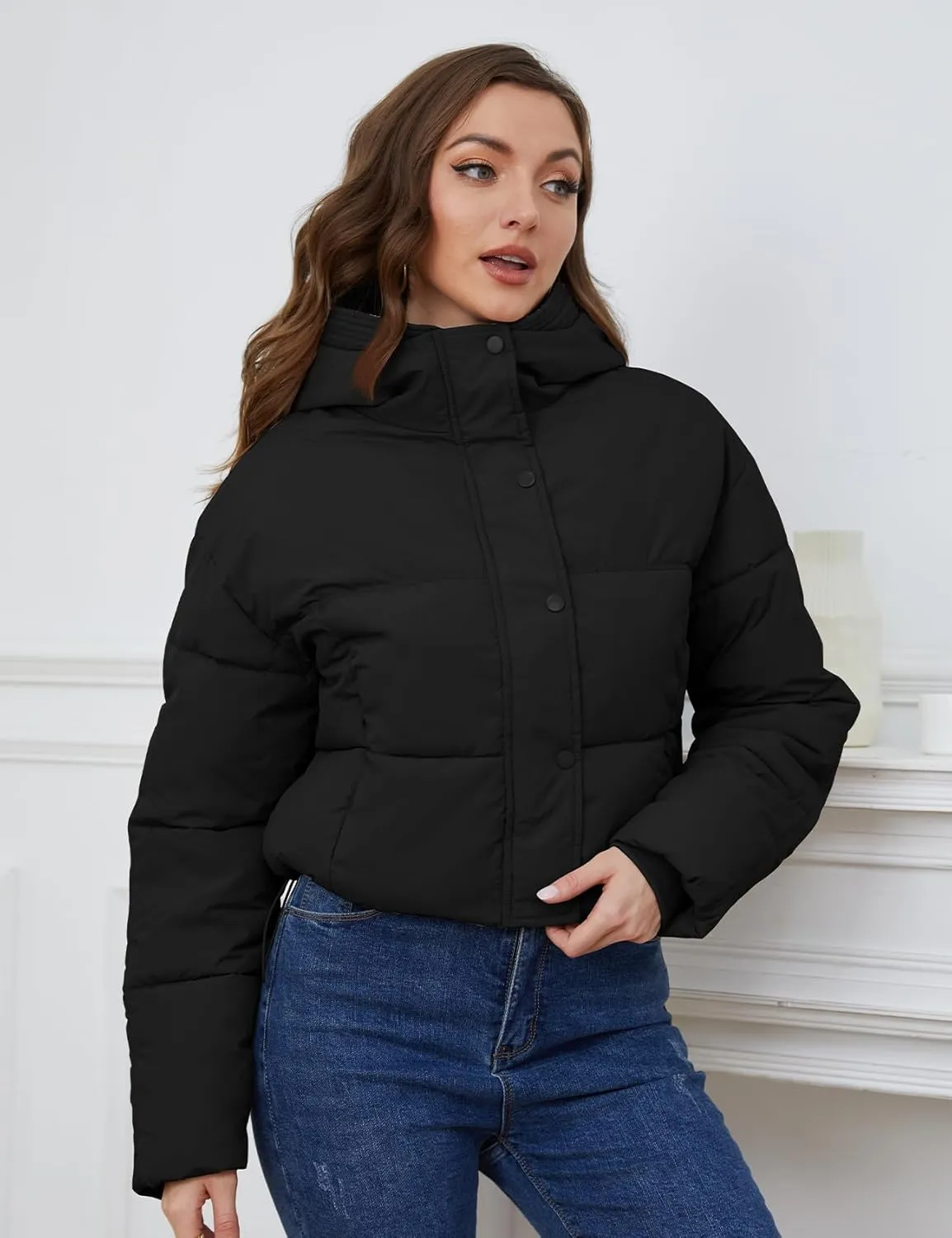 Yimoon Women's Cropped Puffer Jacket Hooded Zip Up Quilted Short Padded Coat Lightweight Winter Warm Outwear