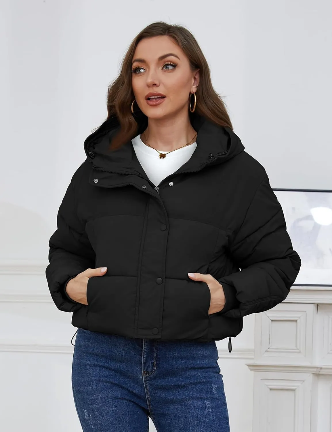 Yimoon Women's Cropped Puffer Jacket Hooded Zip Up Quilted Short Padded Coat Lightweight Winter Warm Outwear