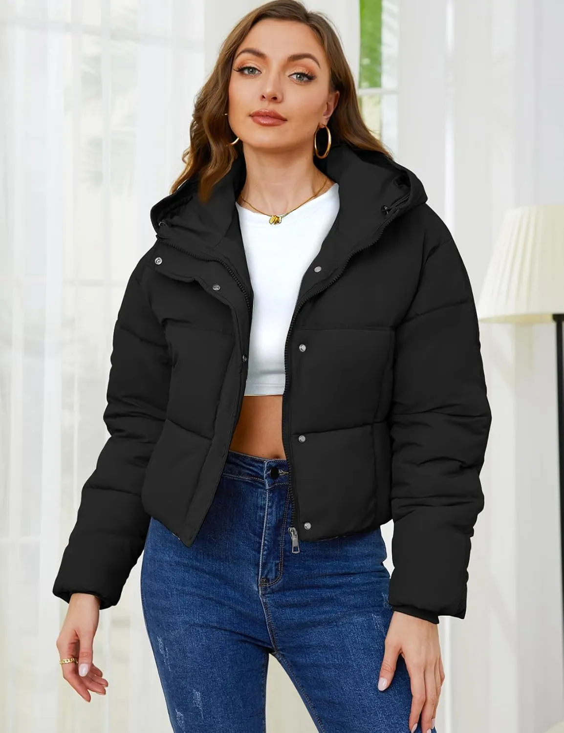 Yimoon Women's Cropped Puffer Jacket Hooded Zip Up Quilted Short Padded Coat Lightweight Winter Warm Outwear