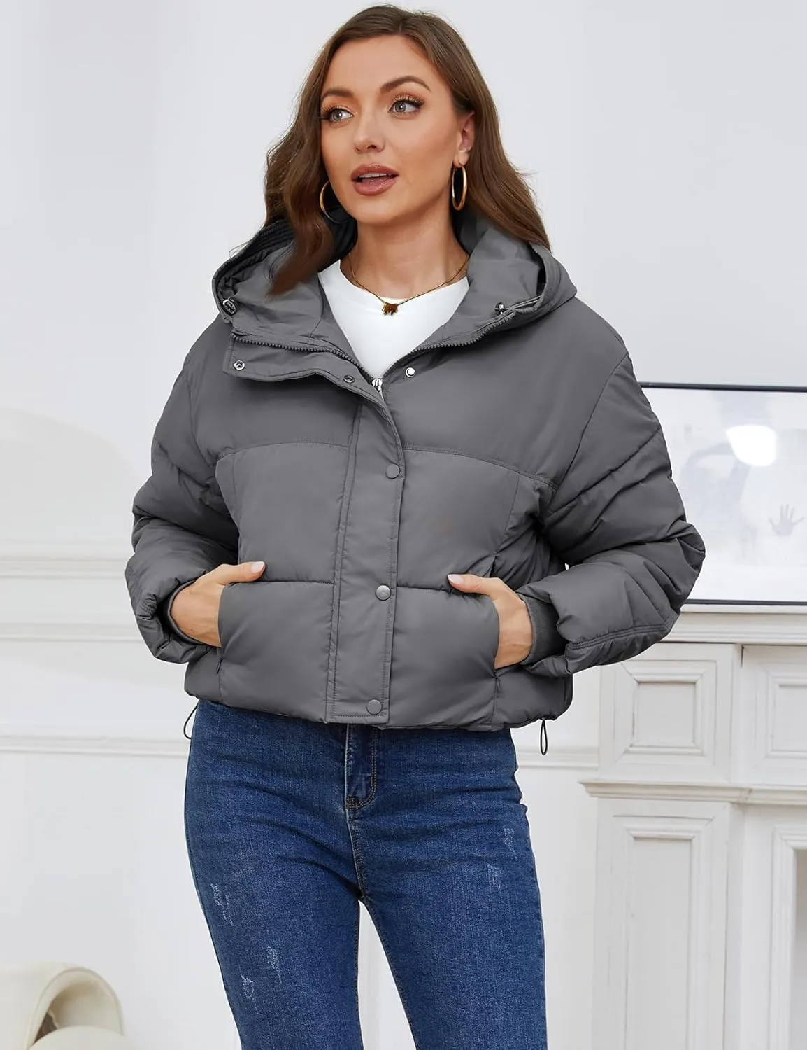 Yimoon Women's Cropped Puffer Jacket Hooded Zip Up Quilted Short Padded Coat Lightweight Winter Warm Outwear