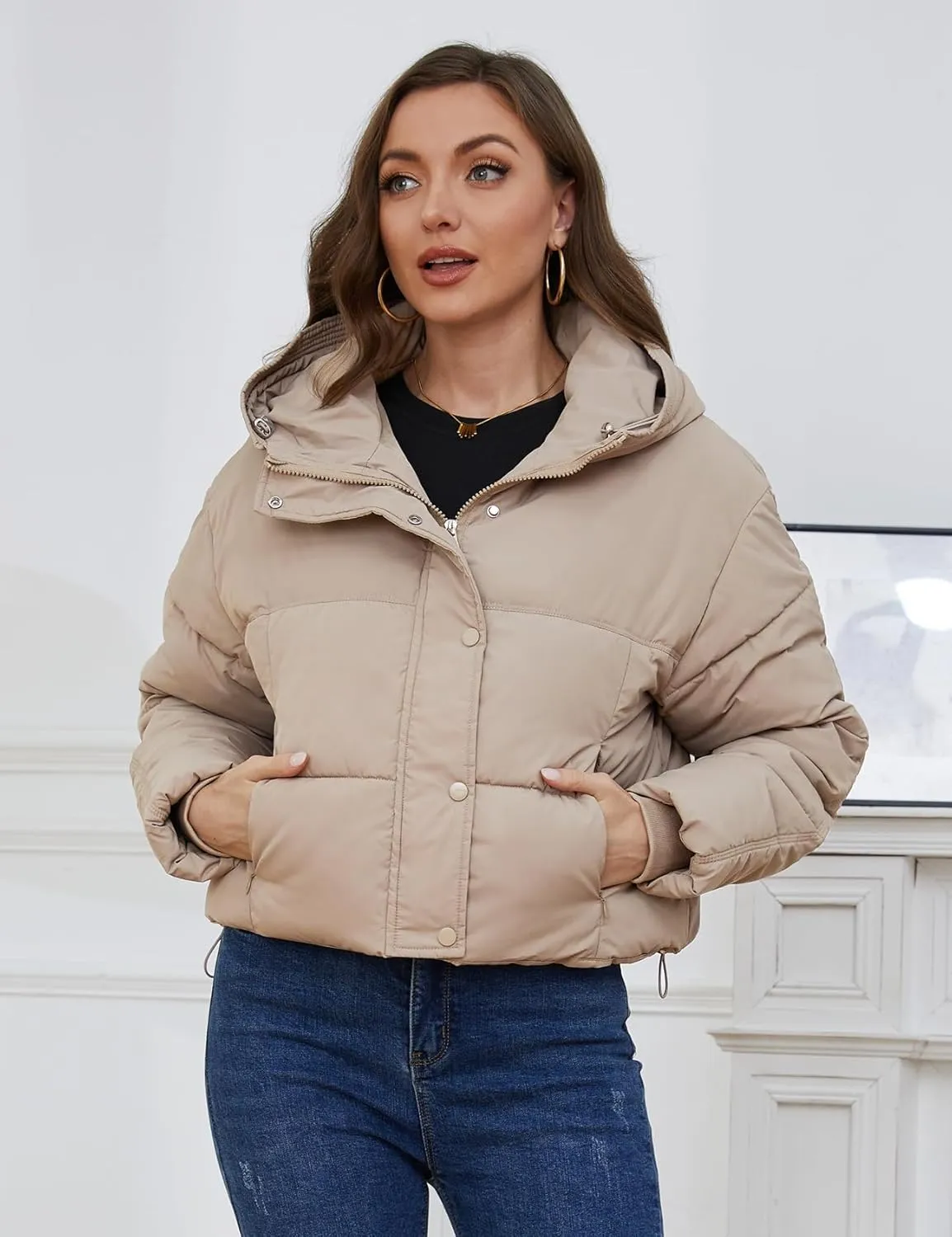 Yimoon Women's Cropped Puffer Jacket Hooded Zip Up Quilted Short Padded Coat Lightweight Winter Warm Outwear