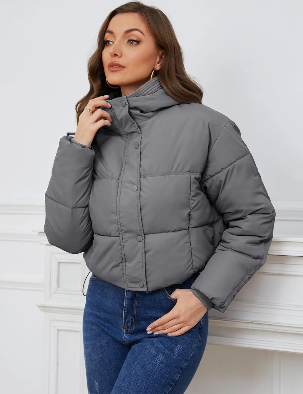 Yimoon Women's Cropped Puffer Jacket Hooded Zip Up Quilted Short Padded Coat Lightweight Winter Warm Outwear