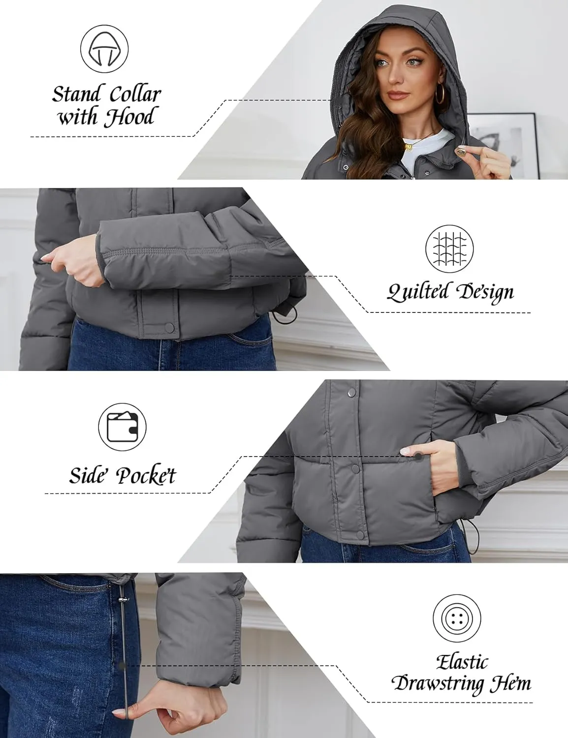 Yimoon Women's Cropped Puffer Jacket Hooded Zip Up Quilted Short Padded Coat Lightweight Winter Warm Outwear