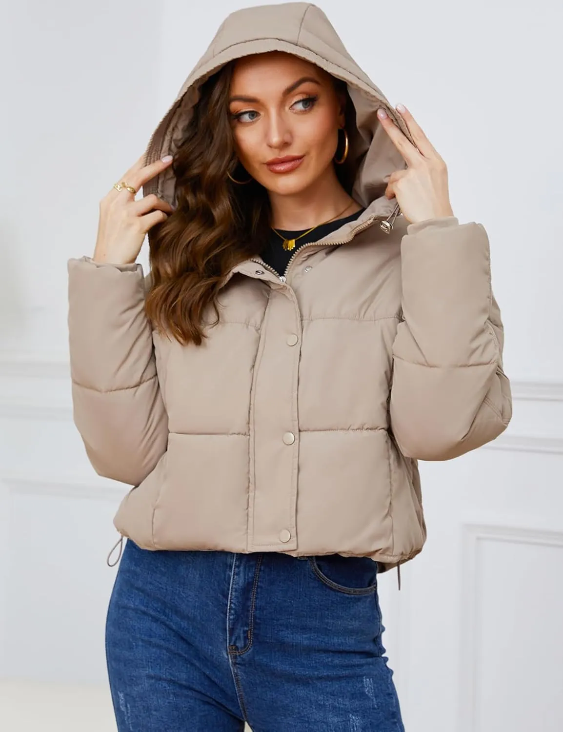Yimoon Women's Cropped Puffer Jacket Hooded Zip Up Quilted Short Padded Coat Lightweight Winter Warm Outwear