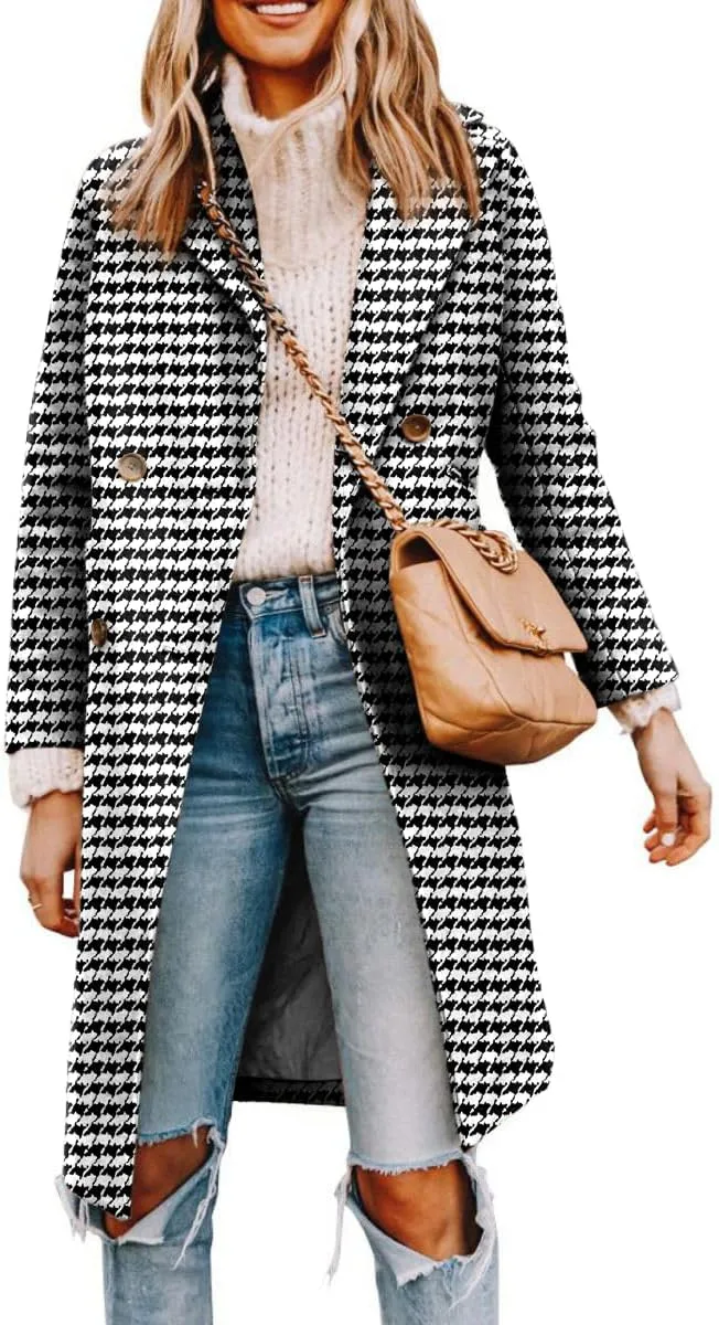 Yousify Womens Notched Lapel Collar Double Breasted Pea Coat Winter Wool Blend Over Coats Long Jackets